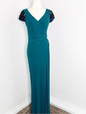 Badgley Mischka Teal Maxi Dress Size 2 Beaded Sleeve Formal Gown